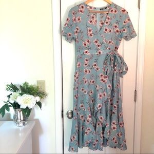 Light blue pastel cherry blossom floral wrap dress